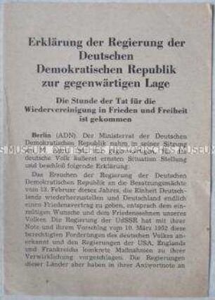 Flugschrift mit dem Text der Erklärung der DDR-Regierung zu den Noten der UdSSR vom März und April 1952