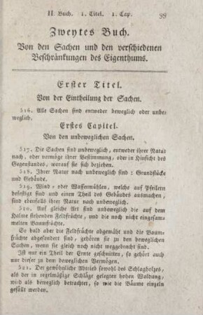 Zweytes Buch. Von den Sachen und den verschiedenen Beschränkungen des Eigenthums.