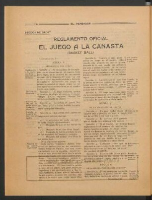 El juego a la canasta (basket ball) - (Continuación) : Reglamento oficial. Sección de sport