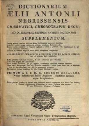 Dictionarium Aelii Antonii Nebrissensis : imo quadruplex eiusdem antiqui dictionarii supplementum