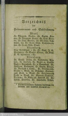 Verzeichniß der Pränumeranten und Subskribenten