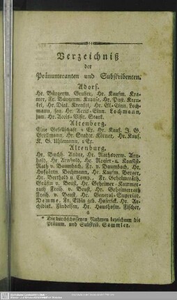 Verzeichniß der Pränumeranten und Subskribenten