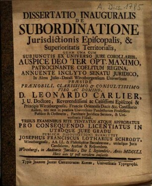 Dissertatio inauguralis de subordinatione iurisdictionis episcopalis & superioritatis territorialis