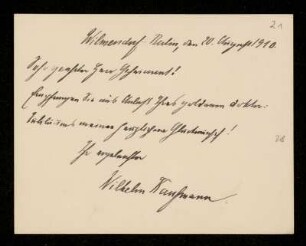 Brief von Wilhelm Kaufmann an Otto von Gierke, Berlin-Wilmersdorf, 20.8.1910