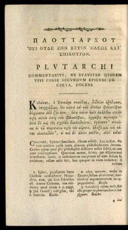 Plutarchi Commentarius, Ne Suaviter Quidem Vivi Posse Secundum Epicuri Decreta, Docens