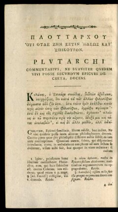 Plutarchi Commentarius, Ne Suaviter Quidem Vivi Posse Secundum Epicuri Decreta, Docens