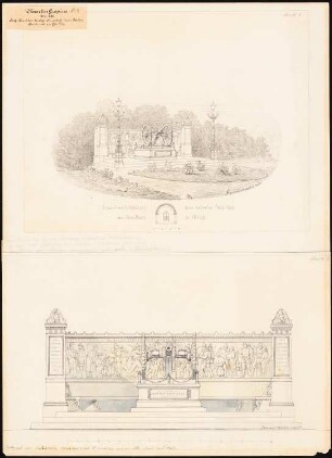 Aufstellung eines eroberten Geschützes am Postplatz, Görlitz: Perspektivische Ansicht mit Grundriss (Blatt 1) und Aufriss (Blatt 2)