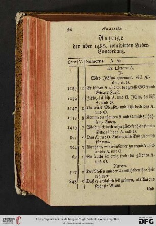 Anzeige der über 1486. concipirten Lieder = Concordanz