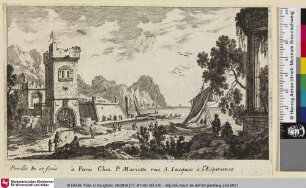 [Hafenlandschaft mit Stadtmauern, einigen Personen und Booten]
