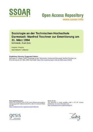 Soziologie an der Technischen Hochschule Darmstadt: Manfred Teschner zur Emeritierung am 31. März 1994