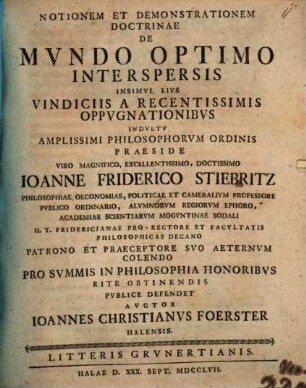 Notionem et demonstrationem doctrinae de mundo optimo ...