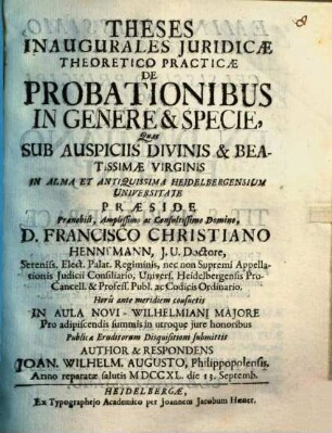 Theses inaug. iur. theor. pract. de probationibus in genere & specie
