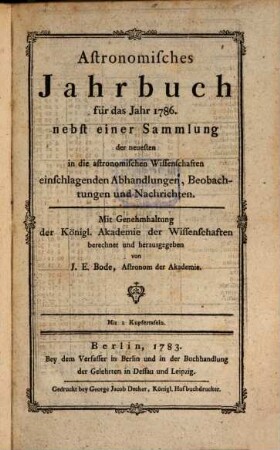 Astronomisches Jahrbuch, 1786 (1783)