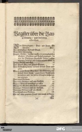 Register über die Bau-Ordnung / und derselben ersten Theil.