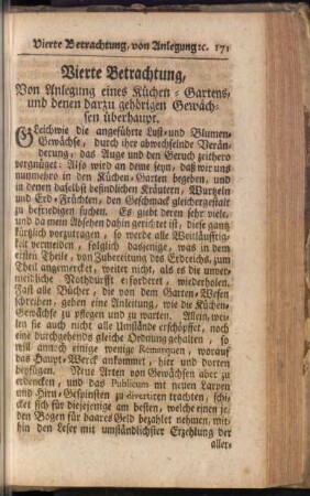 Vierte Betrachtung, Von Anlegung eines Küchen-Gartens, und denen darzu gehörigen Gewächsen überhaupt