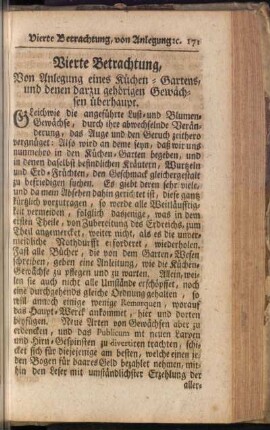 Vierte Betrachtung, Von Anlegung eines Küchen-Gartens, und denen darzu gehörigen Gewächsen überhaupt