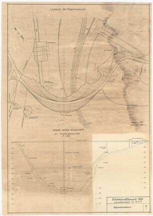 Talsperre mit Kraftnutzung und Wiesenbewässerung Schinkelwettbewerb 1955: Bogenstaumauer: Ansicht von der Wasserseite mit Kontrollgangsystem 1:500