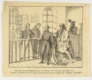 Humoristische, satirische Darstellung, Napoleon-Karikatur mit Blücher "Was wollen wir im Auslande? [...]"