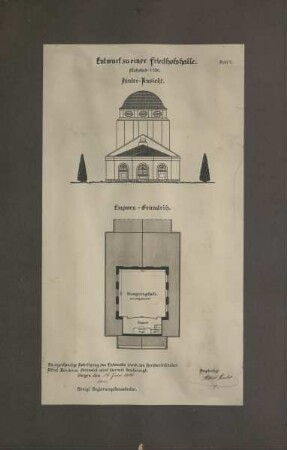Entwurf Friedhofshalle: Entwurf zu einer Friedhofshalle, Blatt 2, Hinteransicht, Empore Grundriss