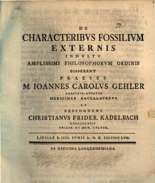 De characteribus fossilium externis : cum tab. aen.