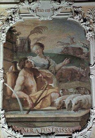 Rahel und Jakob am Brunnen, mit Inschrift: Die Gaben des Pustertales