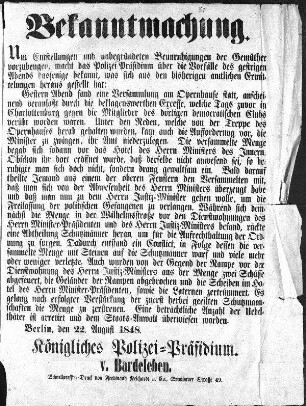 Bekanntmachung. Um Entstellungen und unbegründeten Beunruhigungen der Gemüther vorzubeugen, [...] (Sammlung Friedlaender)