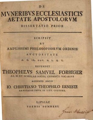 De muneribus ecclesiasticis aetate apostolorum dissertatio prior