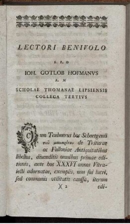 Lectori Benivolo s.p.d. Ioh. Gotlob Hofmanus ...