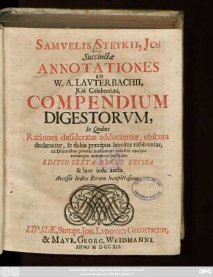 Samvelis Strykii. Jcti Succinctæ Annotationes Ad W. A. Lavterbachii, Jcti Celeberrimi, Compendium Digestorvm : In Quibus Rationes desideratæ adducuntur, obscura declarantur, & dubia præcipua breviter resolvuntur ...