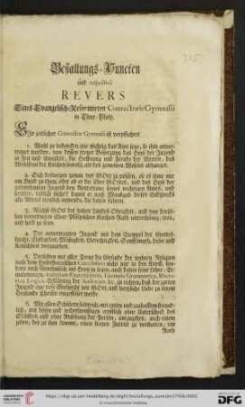 Bestallungs-Puncten und respectivè Revers Eines Evangelisch-Reformirten Conrectoris Gymnasii in Chur-Pfaltz