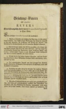 Bestallungs-Puncten und respectivè Revers Eines Evangelisch-Reformirten Conrectoris Gymnasii in Chur-Pfaltz