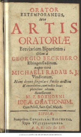 Orator Extemporaneus, Sive Artis Oratoriae Breviarium Bipartitum