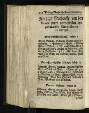 Noethige Nachricht von dem Valore derer vornehmsten und gangbarsten Muentz-Sorten in Europa