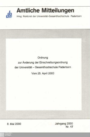 Ordnung zur Änderung der Einschreibungsordnung der Universität-Gesamthochschule Paderborn : Vom 25. April 2000