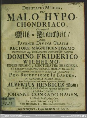 Disputatio Medica, De Malo Hypochondriaco, Germanice Miltz-Kranckheit