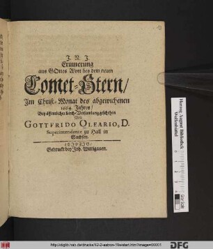 Erinnerung aus Gottes Wort bey dem neuen Comet-Stern : Im Christ-Monat des abgewichenen 1664. Jahres