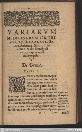 Variarum Medicinarum Lib. Primus