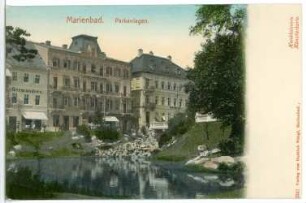 Marienbad. Parkanlagen : Marienbad. Teich im Stadtpark, dahinter die Häuser Germandrée, Berliner Hof (1840) und Zur Eiche (1845) an der Kaiserstraße