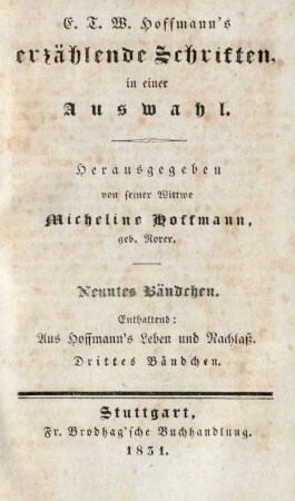 Bändchen 9: Aus Hoffmann's Leben und Nachlass