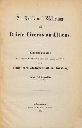 Zur Kritik und Erklärung der Briefe Ciceros an Atticus