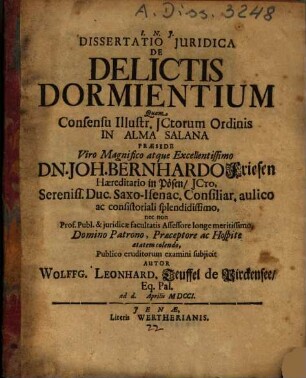 Dissertatio Iuridica De Delictis Dormientium