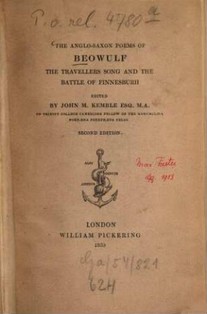 The Anglo-Saxon poems of Beowulf : the travellers song and the battle of Finnesburh. [1]