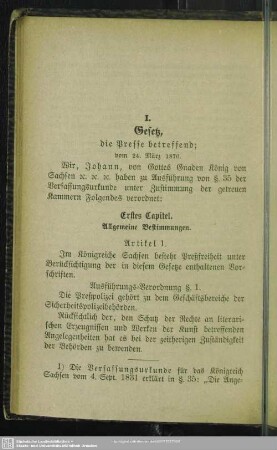 I. Gesetz, die Presse betreffend : vom 24. März 1870