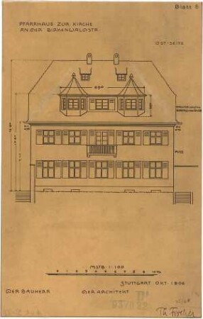 Fischer, Theodor; Stuttgart; Erlöserkirche - Pfarrhaus Ostseite (Ansicht)