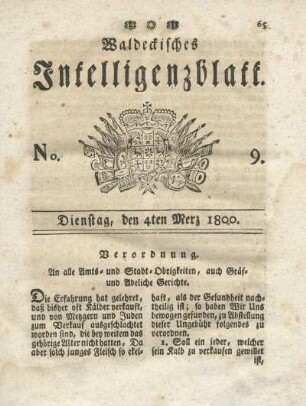 No. 9, Dienstag, den 4ten Merz 1800