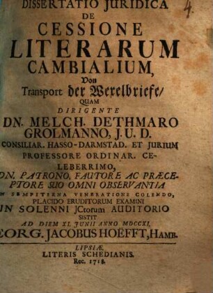 Dissertatio Juridica De Cessione Literarum Cambialium, Von Transport der Wexelbriefe