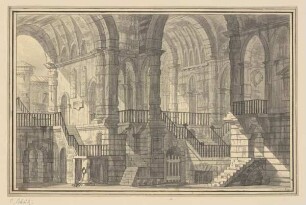 Blick in eine offene Halle mit Treppen und Gittern (Kerker)