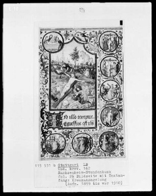 Lateinisches Stundenbuch (Sachsenheim-Gebetbuch) — Gerahmte Bildseite mit Textanfang, Folio 26recto