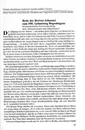 Rede des Rectors Johannei zum 500. Geburtstag Bugenhagens