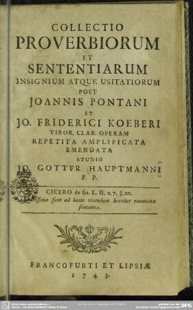 Collectio Proverbiorum Et Sententiarum Insignium Atque Usitatiorum